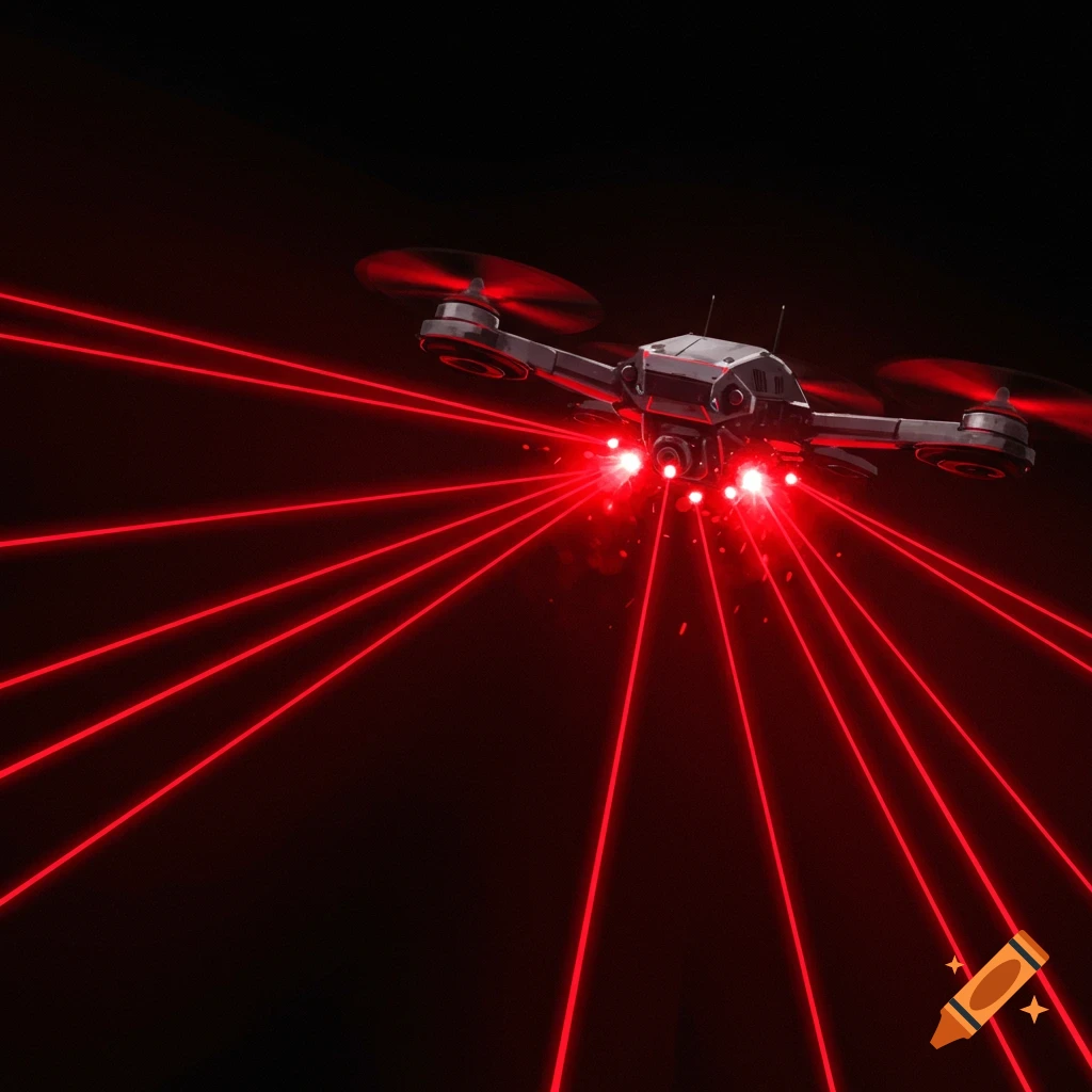 A drone shoots intense red lasers downwards in a dark setting.
