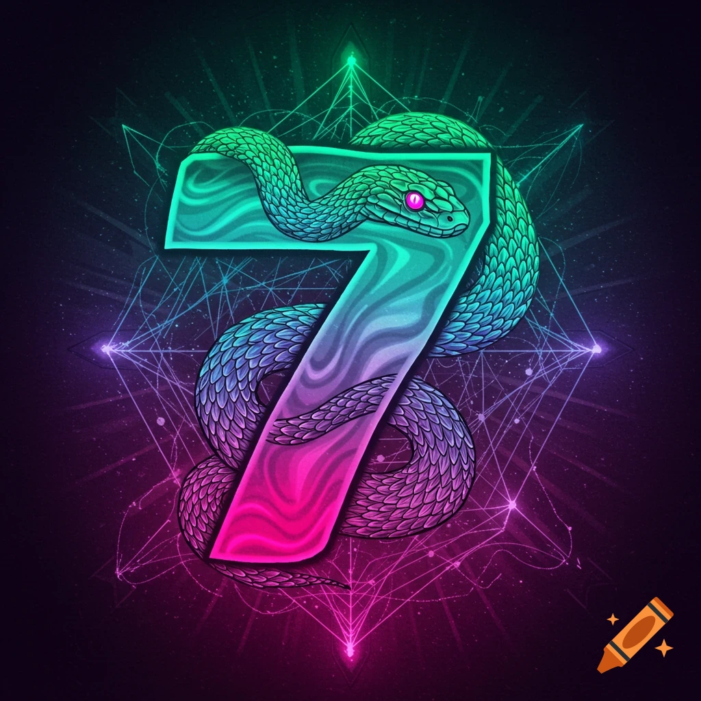 Number 7 wrapped by a snake in vibrant geometric art