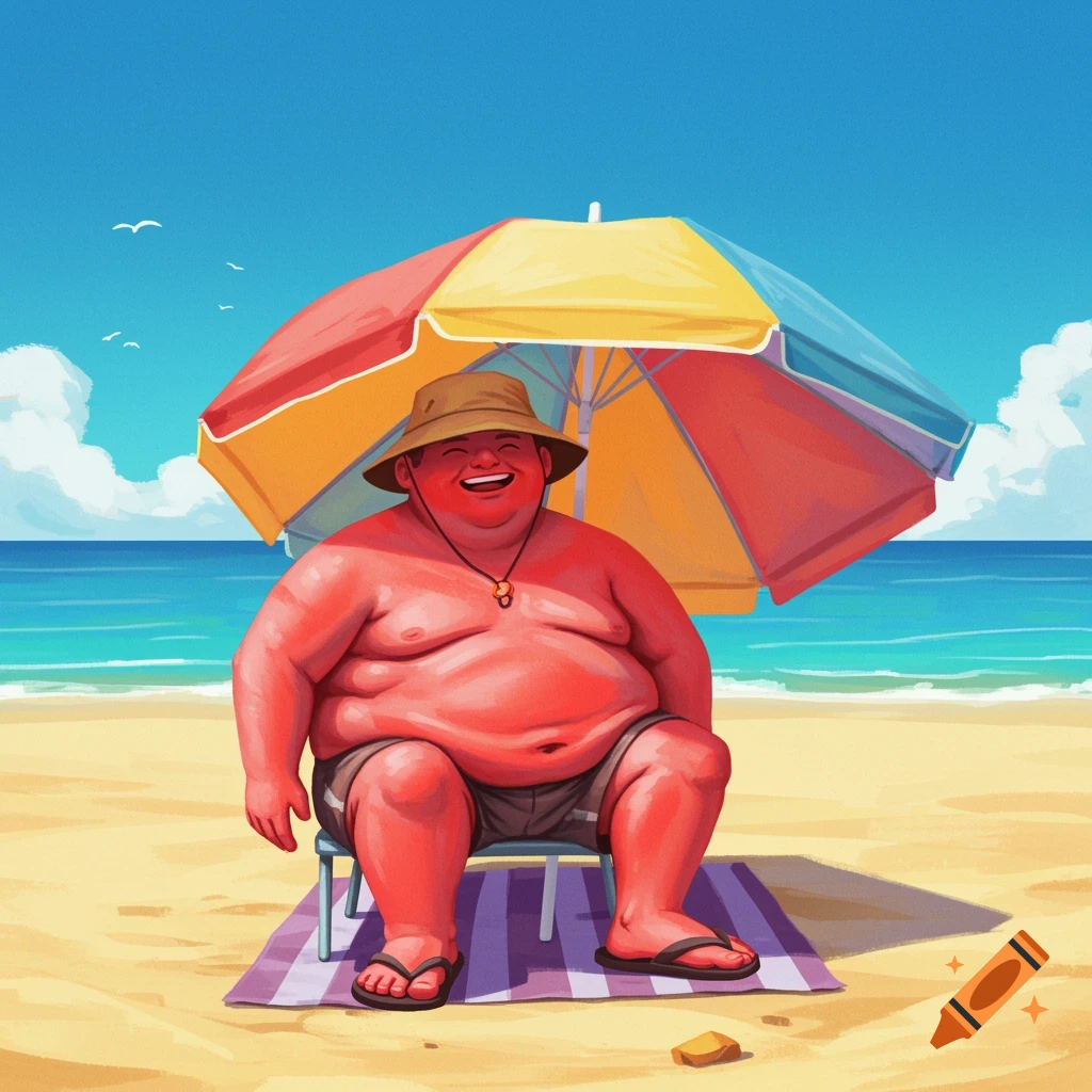 A heavily sunburned man in a hat sits under a colorful umbrella on a sunny beach.