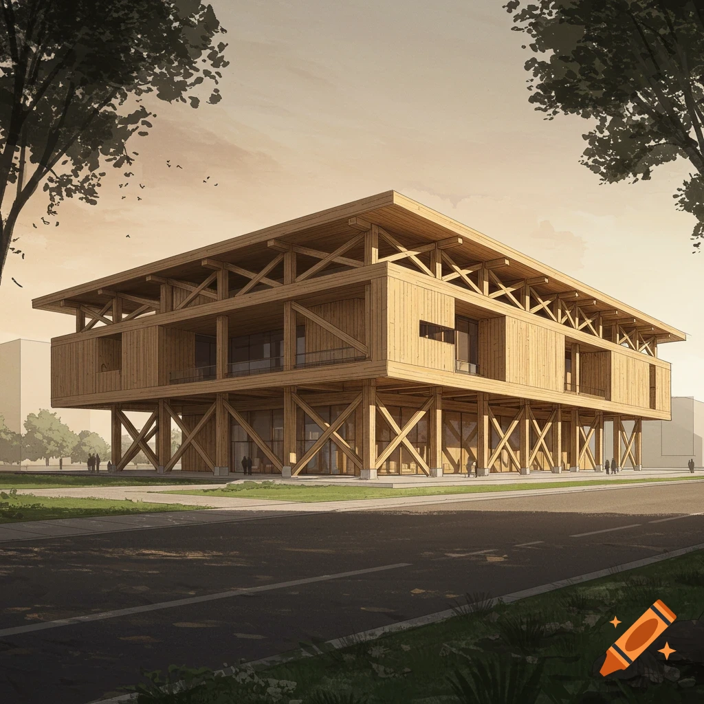 Architectural rendering of a modern mass timber building with exposed beams on a street corner.