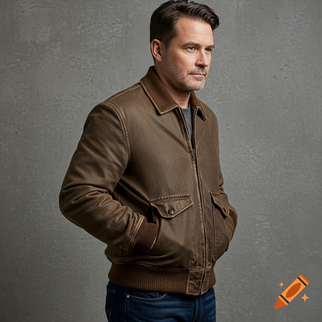Realistic portrait of a man in a brown bomber jacket