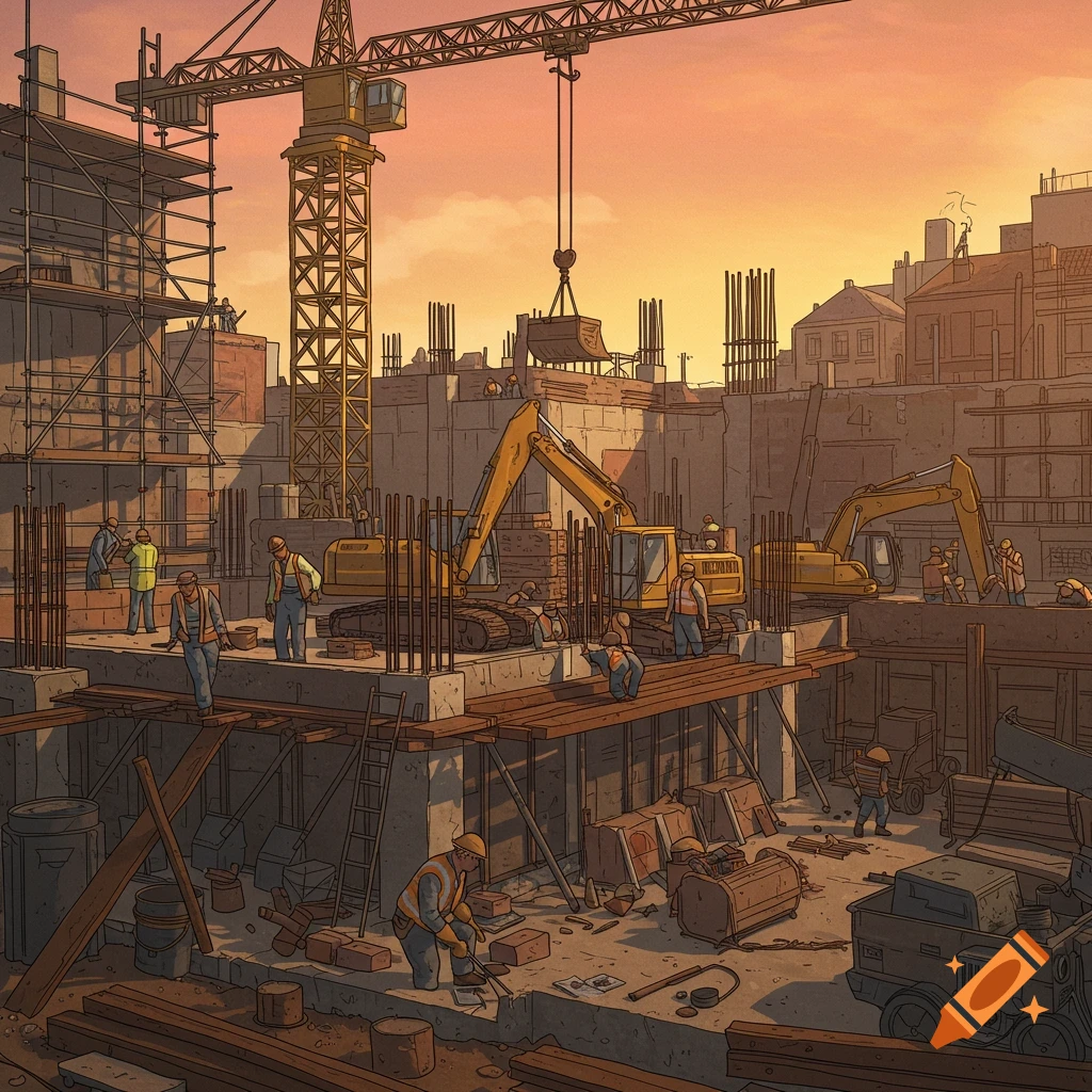 An illustrated construction site scene at sunset with workers, excavators, and a crane.