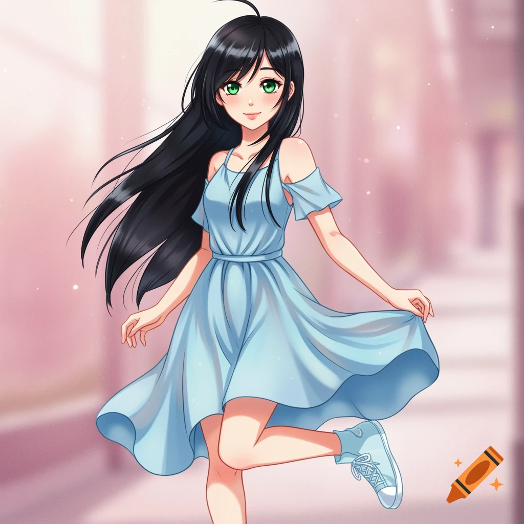 Anime girl with black hair and green eyes in a light blue dress