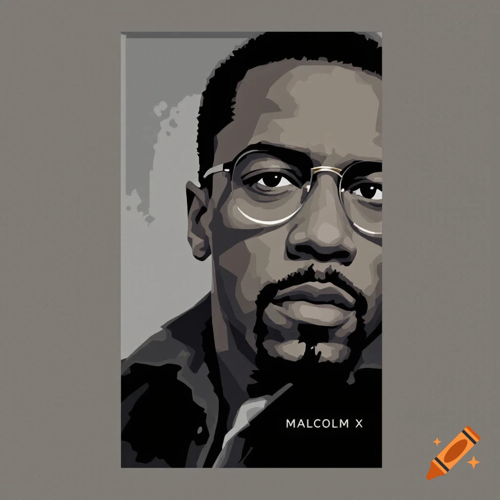 Stylized portrait of Malcolm X with glasses and goatee, text reads MALCOLM X.