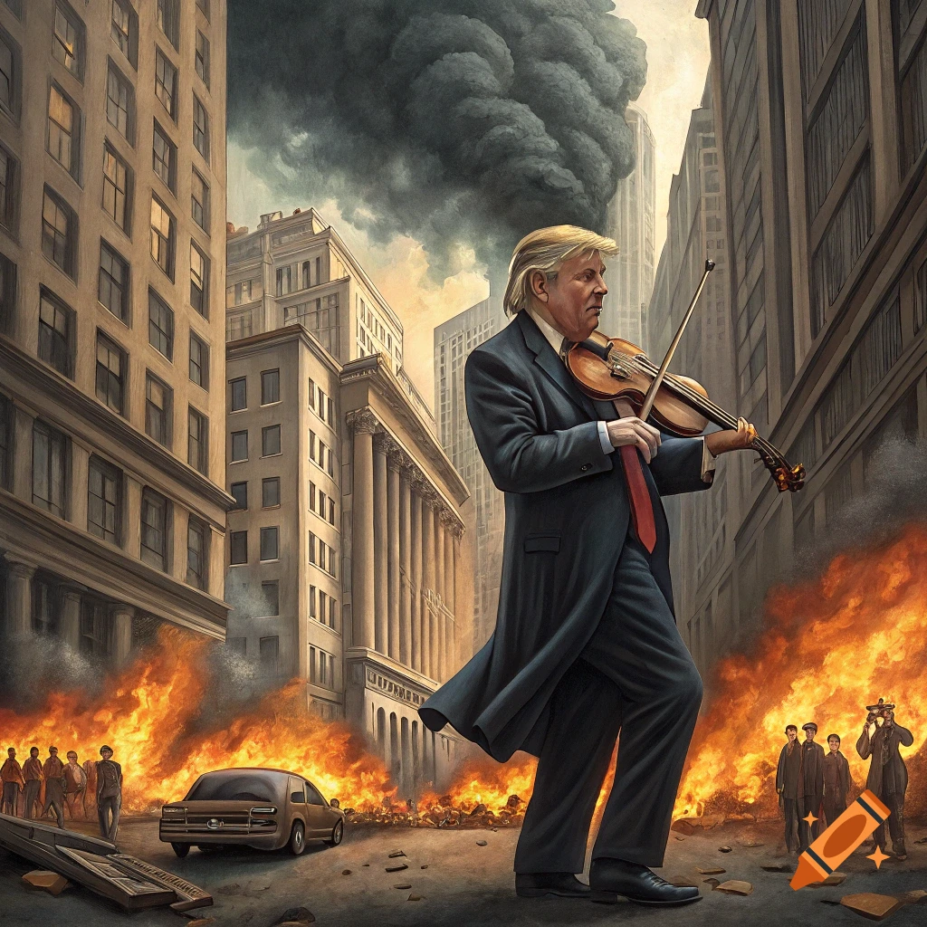 Figure resembling Donald Trump plays violin in a burning city street with smoke and scattered onlookers.
