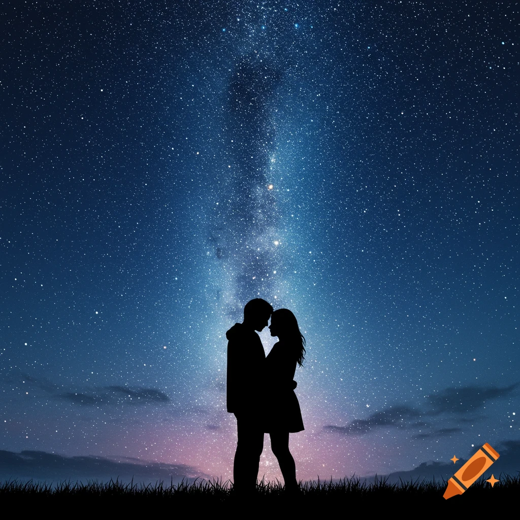 Silhouettes of a couple under a starry night sky.