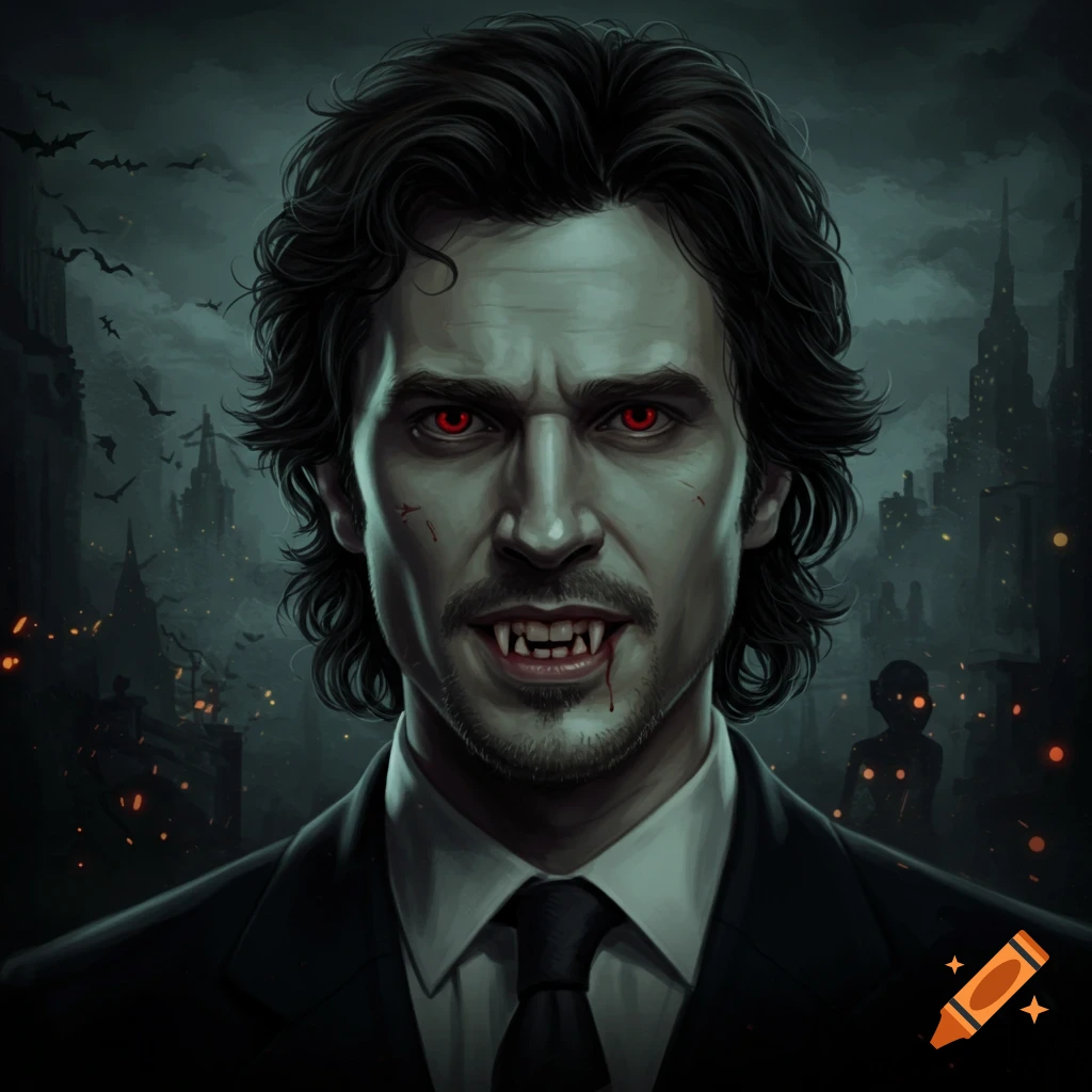 An illustration of a vampire man with red eyes, fangs, and blood drops on his chin, wearing a suit against a dark city backdrop with flying bats.