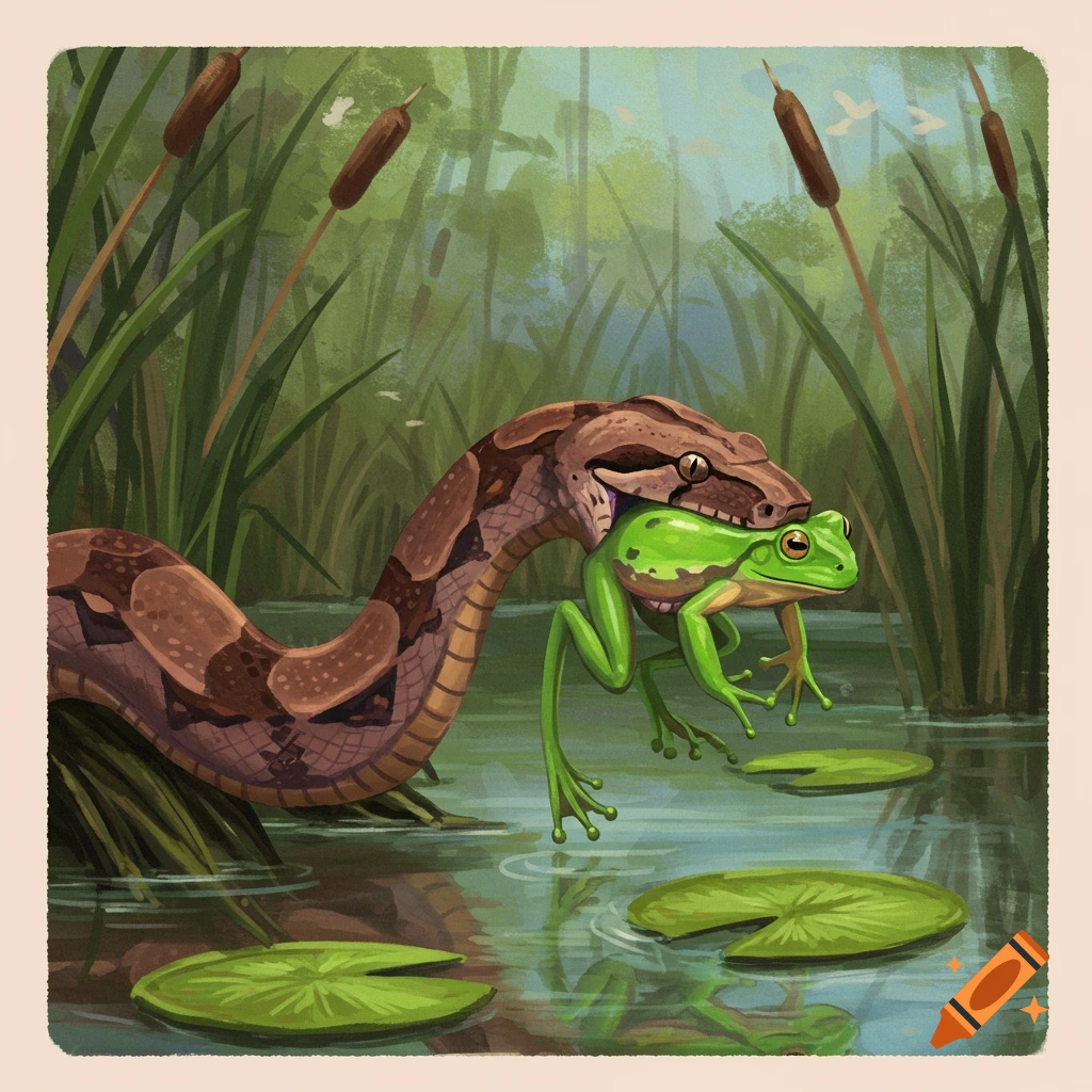 An illustration of a boa constrictor holding a frog in a swamp.