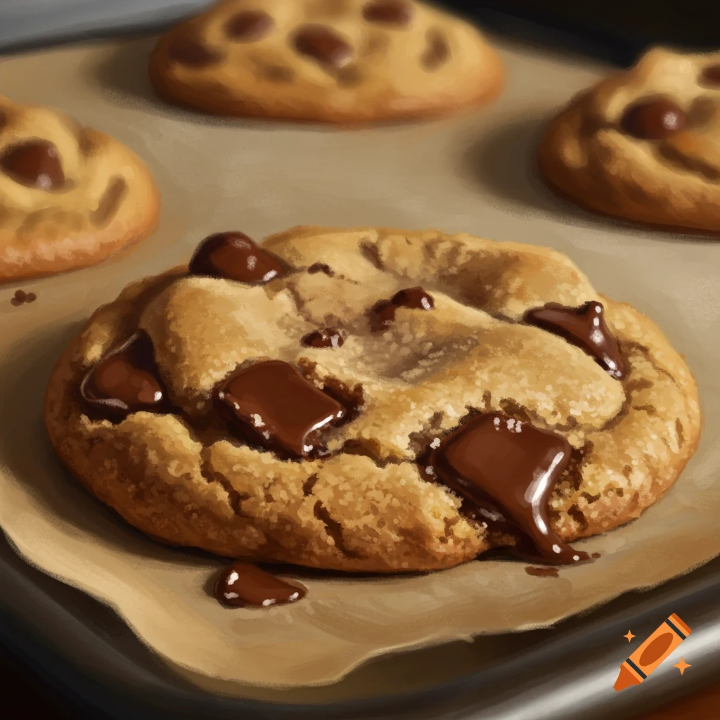 Close-up of several chocolate chip cookies on a baking sheet.