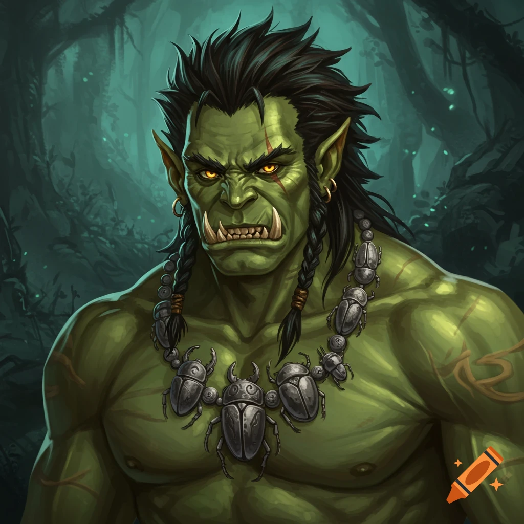 Close-up portrait illustration of a fierce green orc with glowing eyes and a necklace of stone beetles in a dark forest.