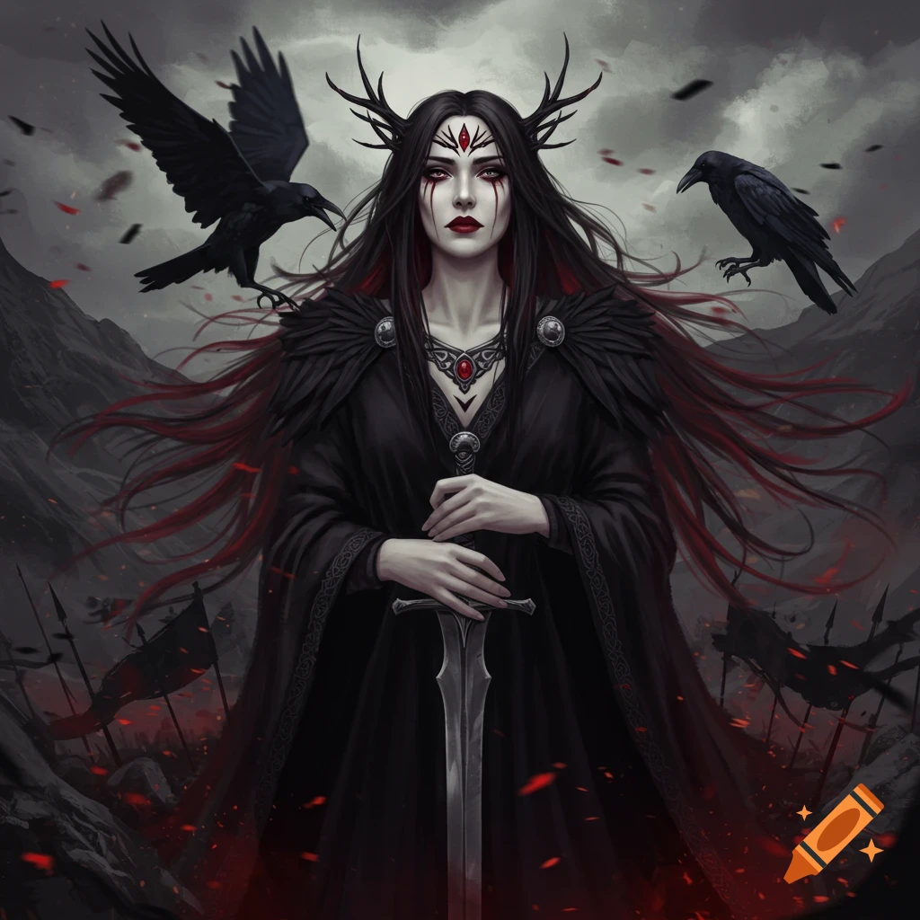 A dark fantasy woman in a black dress with antlers and red markings holds a sword. Two ravens fly beside her against a cloudy sky and battlefield background.