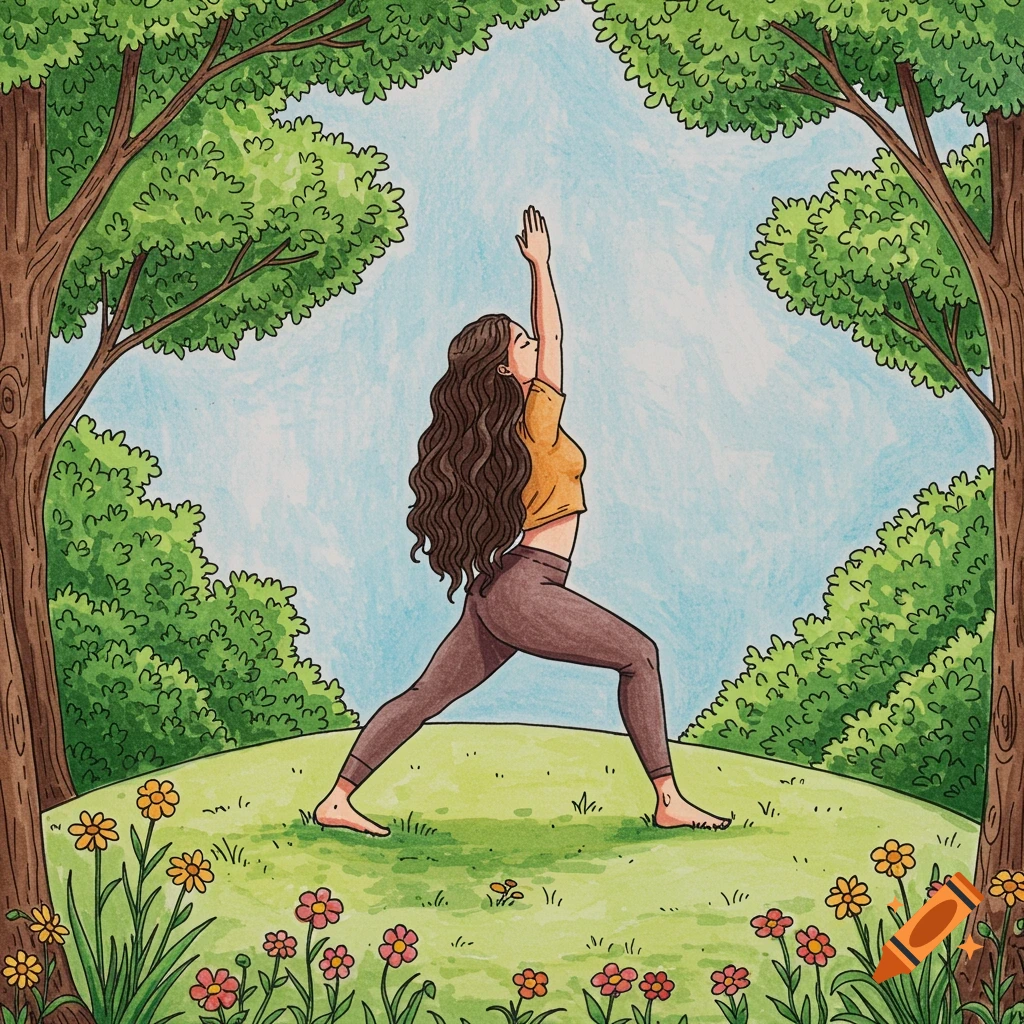 Illustration of a woman doing yoga in warrior pose in a park setting with trees and flowers, coloring page style.