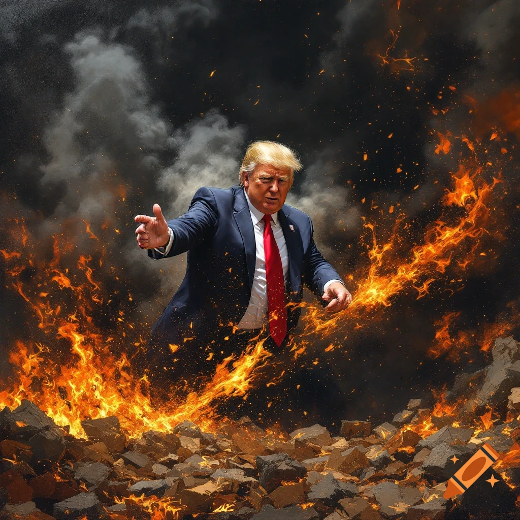 Donald Trump in a suit and red tie standing amidst fire and rubble, reaching out, with smoke in the background.