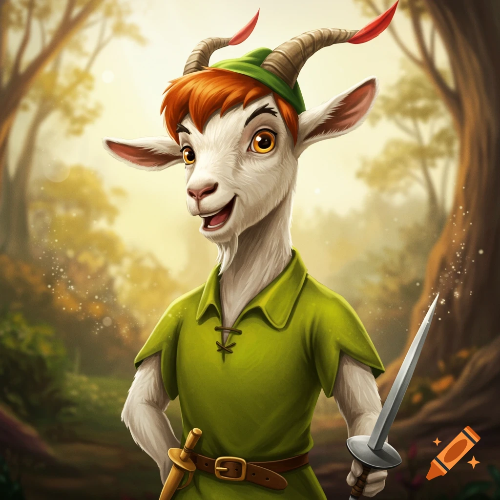 Cartoon illustration of a goat dressed as Peter Pan holding a sword in a forest.
