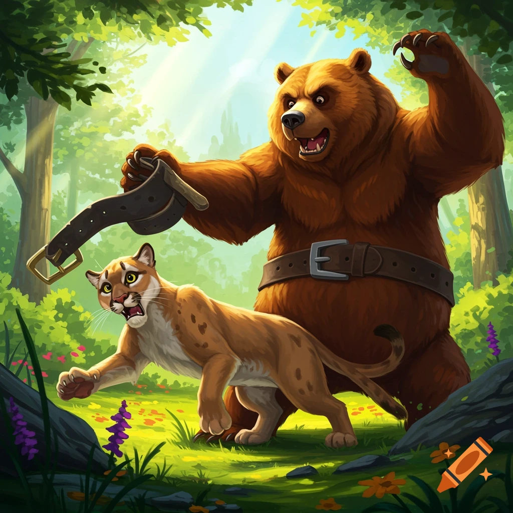 Cartoon illustration of a large brown bear holding up a belt to hit a frightened mountain lion in a forest clearing.