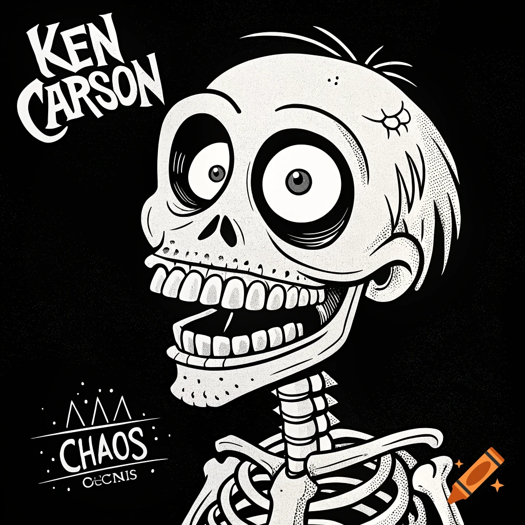 Black and white cartoon illustration of a skeleton with text 'KEN CARSON' and 'CHAOS'.