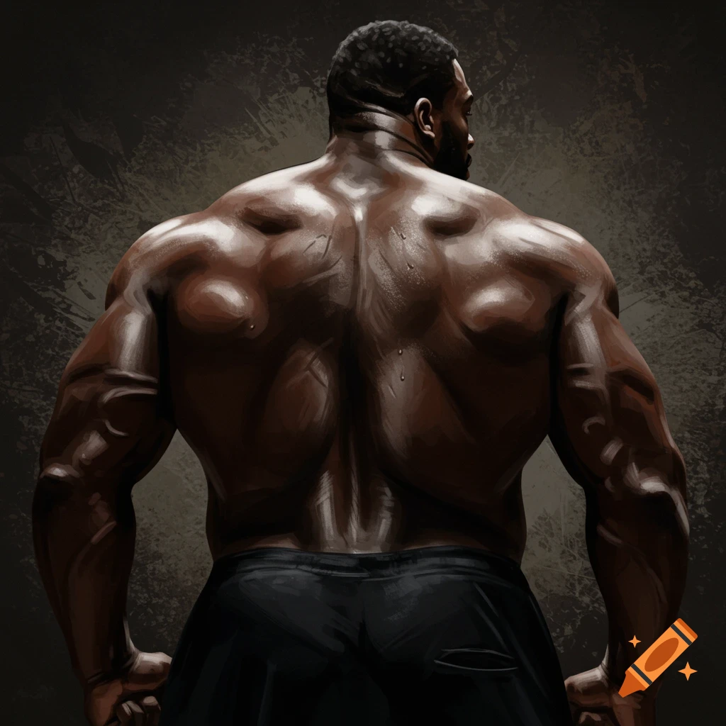 Painterly view of a muscular man's back from behind.