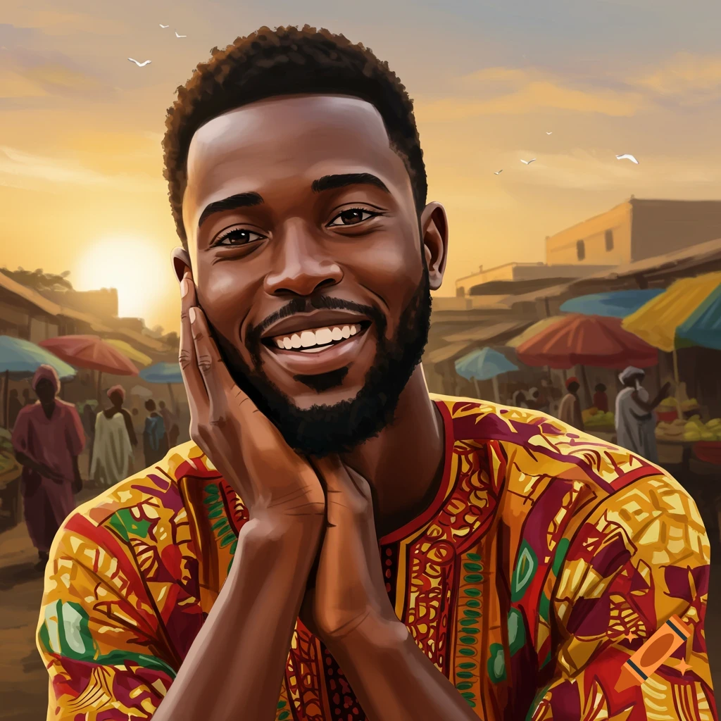Smiling African man in a colorful shirt at a vibrant market during sunset, painterly style.