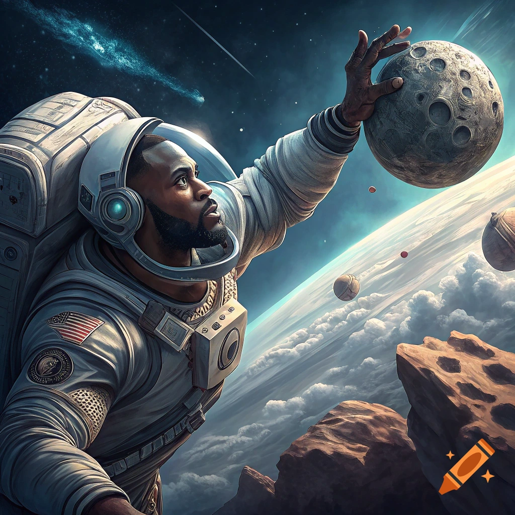 Lebron James in a space suit holds a large, pitted moon above Earth