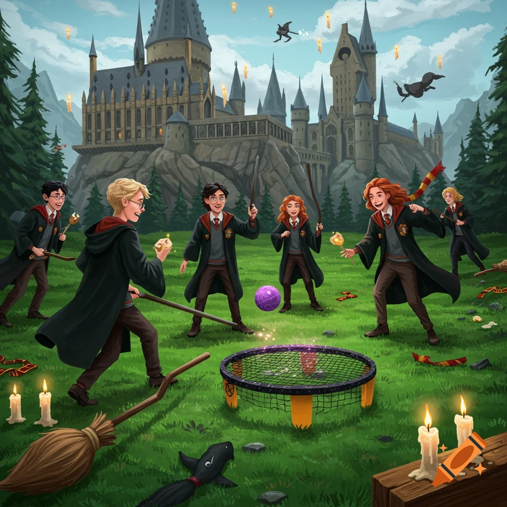 Wizards playing Spikeball in front of Hogwarts castle.