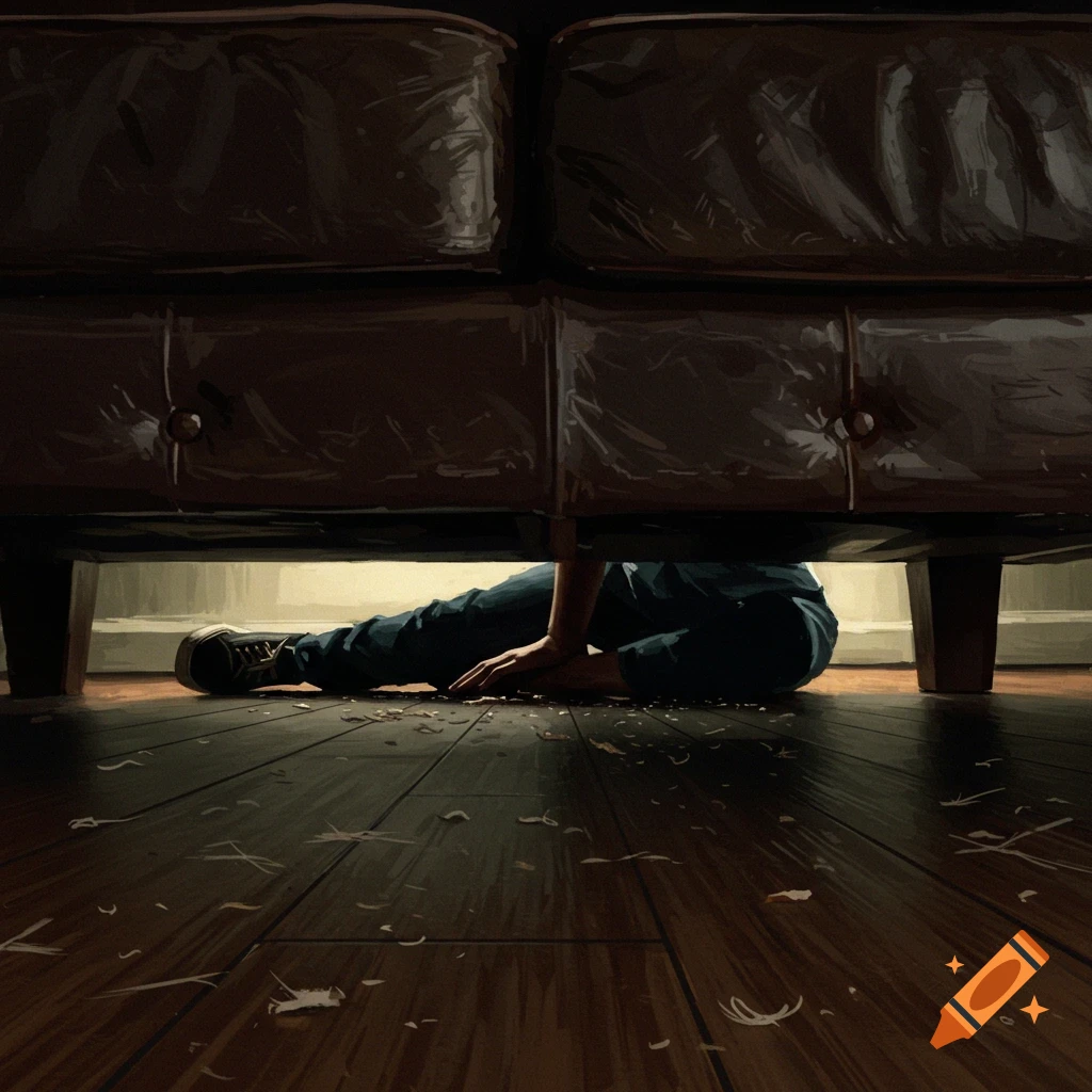 View from under a couch showing a person's legs and hand on a wooden floor with debris.