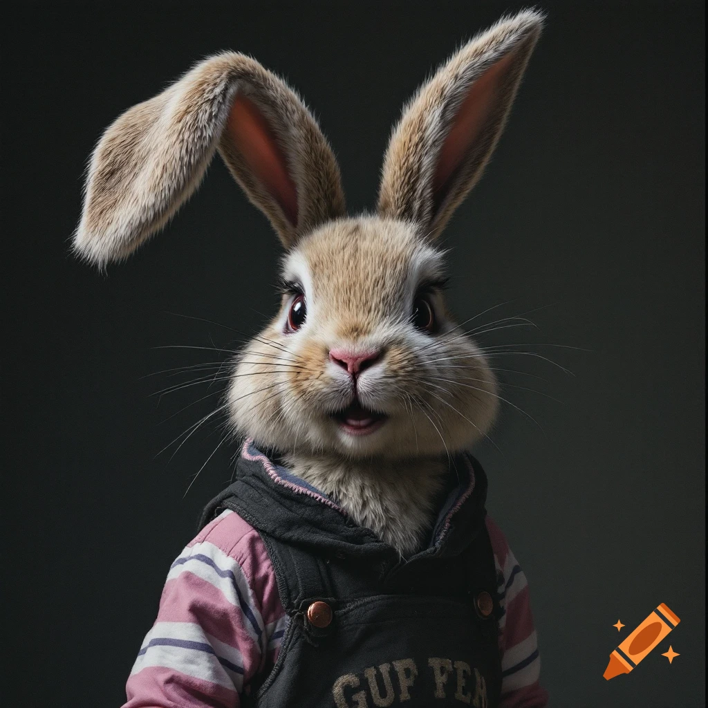 A photorealistic rabbit character wearing a striped shirt and overalls.