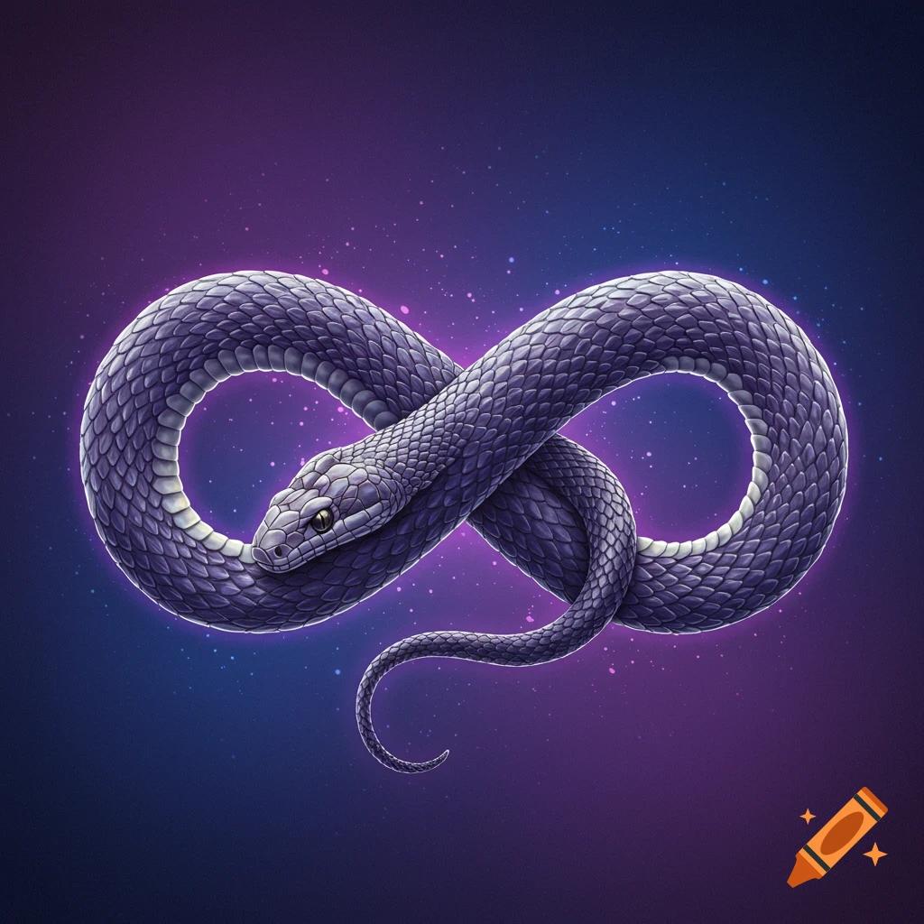 A purple snake coiled into an infinity symbol against a starry cosmic background.