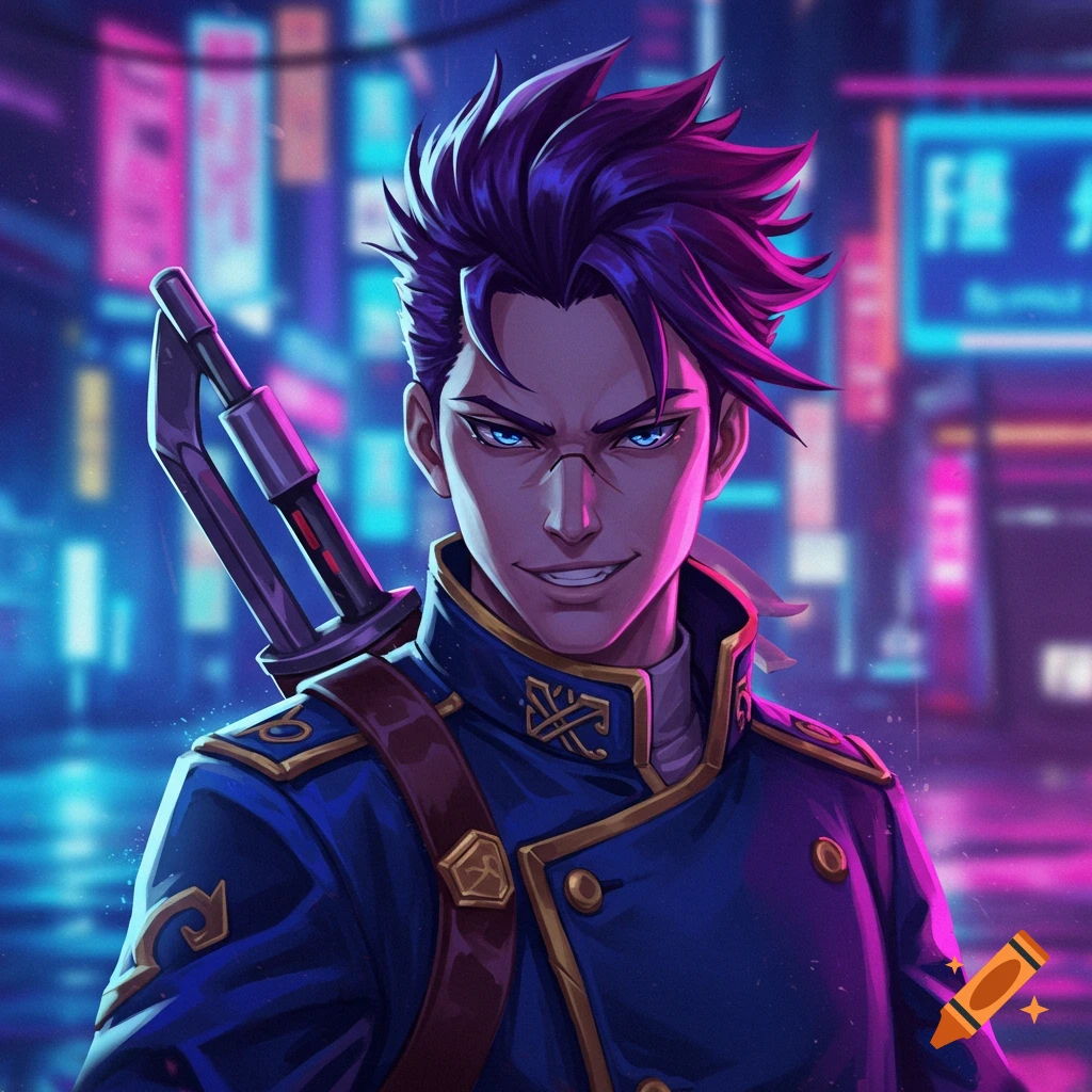 Anime portrait of a man with purple hair and blue uniform against a neon city background.