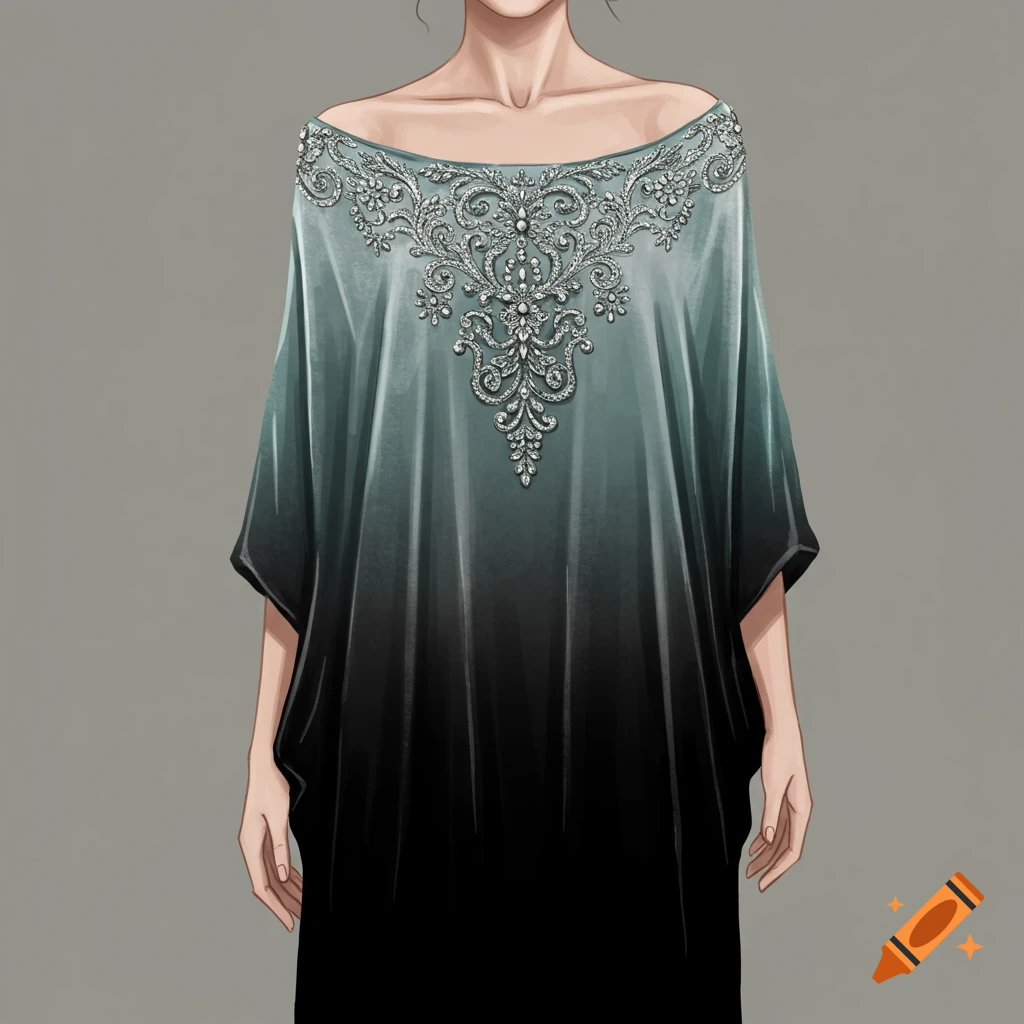 Illustration of a person wearing an off-the-shoulder ombre dress with silver embellishments.