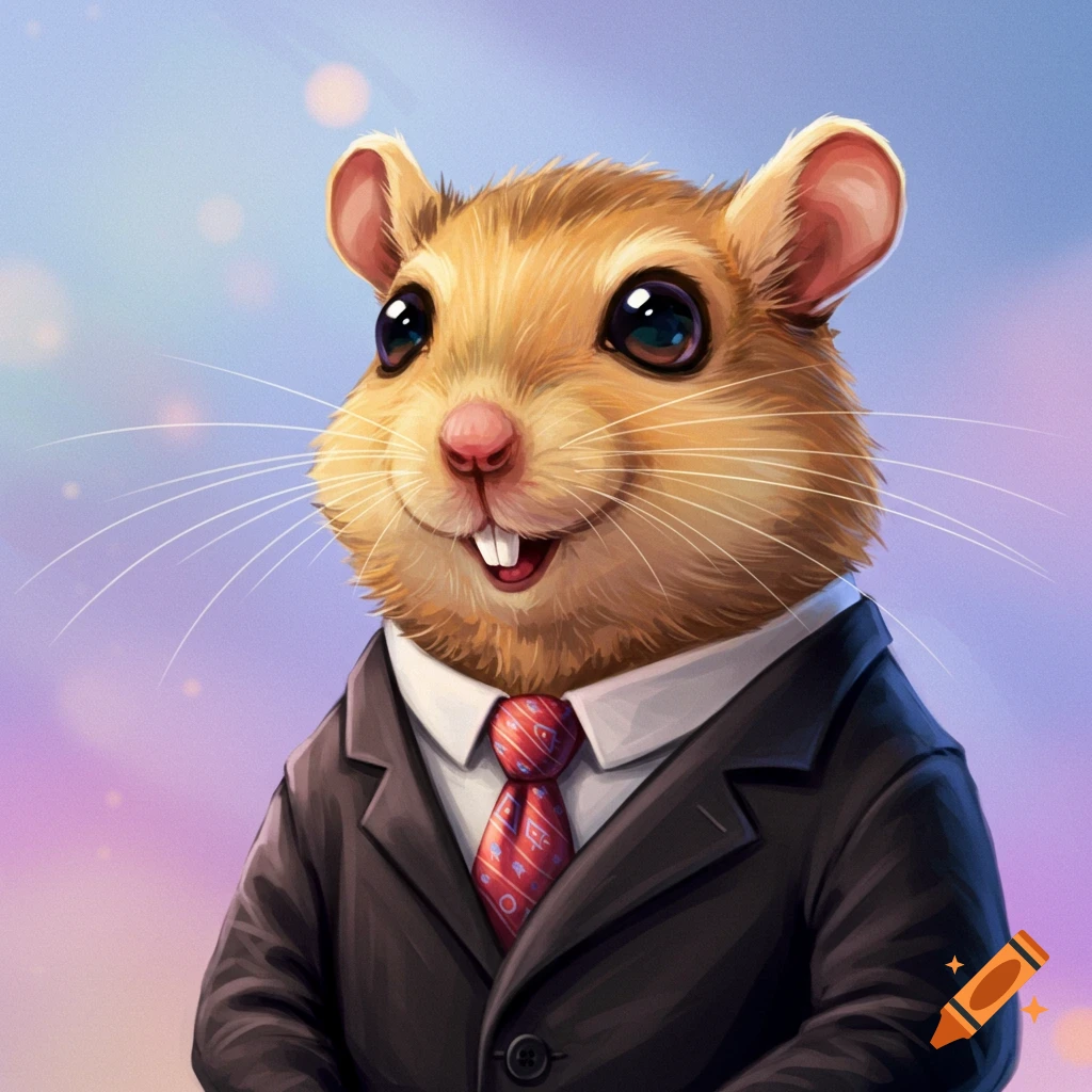 An anthropomorphic gerbil wearing a suit and red tie, illustrated portrait.