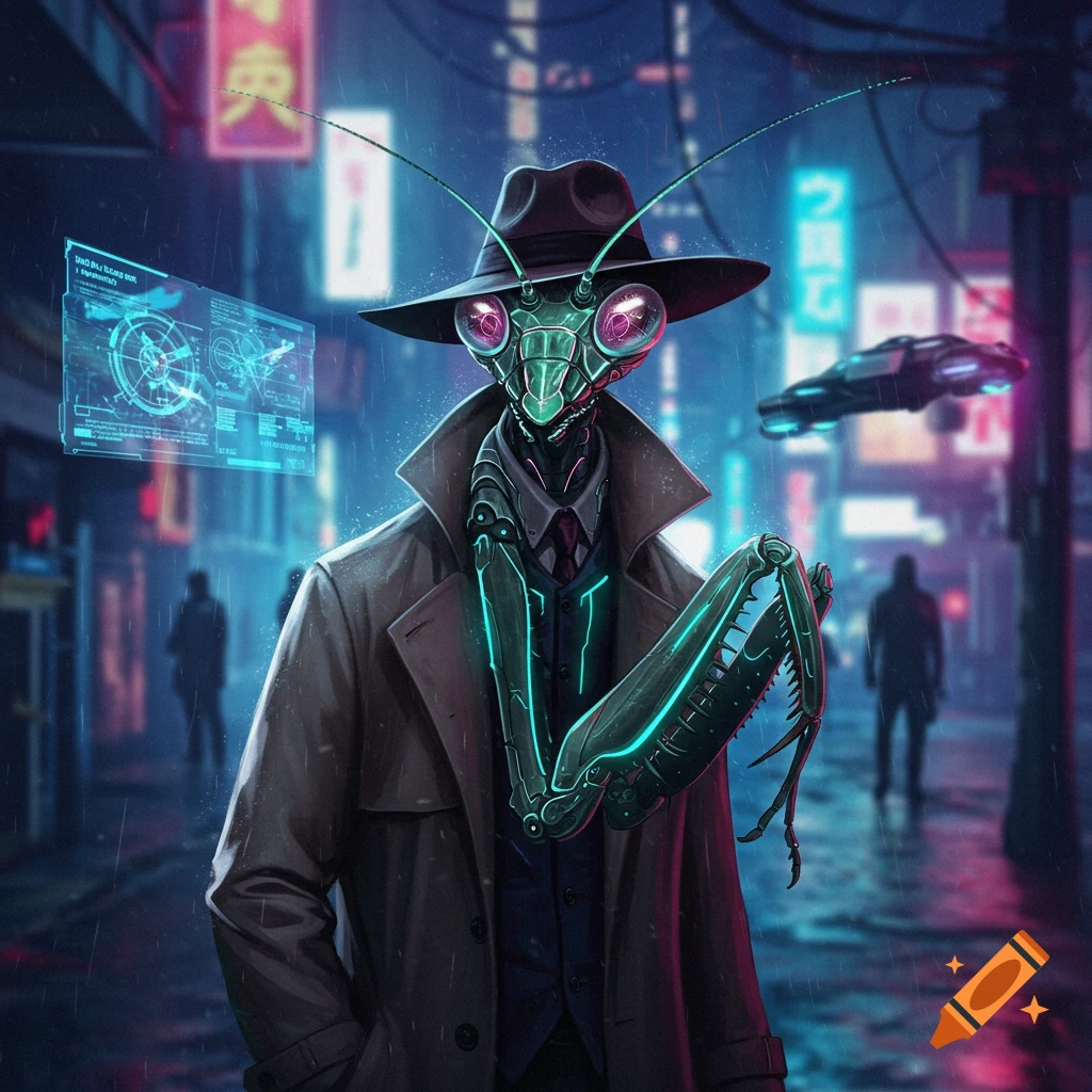 A praying mantis detective in a trench coat and fedora looks at a holographic screen on a rainy cyberpunk city street.