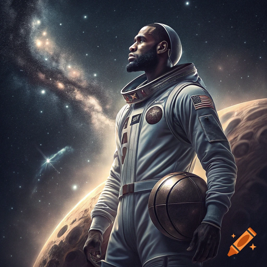 Man in astronaut suit holding a basketball looks at planets and stars in space.