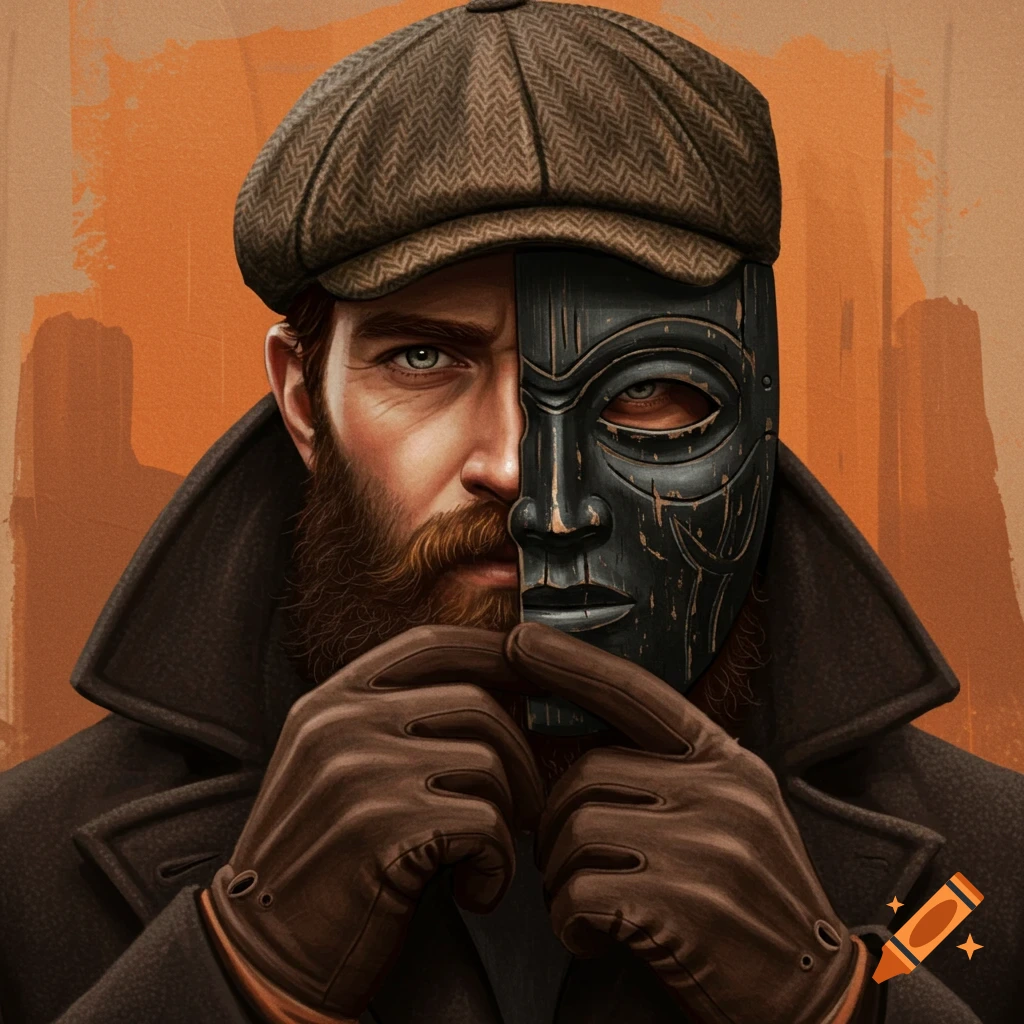 A man with a beard and flat cap holding a mask covering half of his face.
