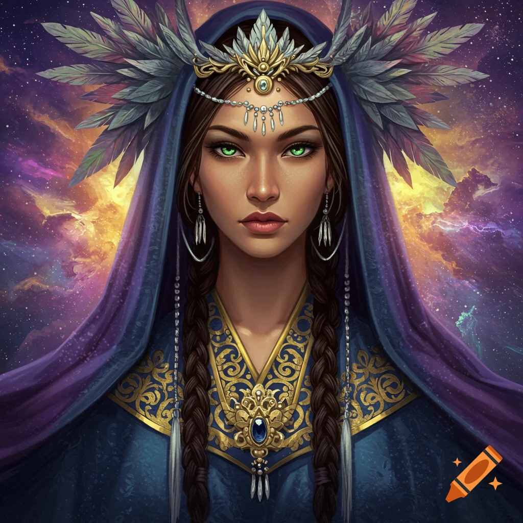 A fantasy portrait of a mystical woman magician wearing a detailed headpiece and robe against a cosmic background.