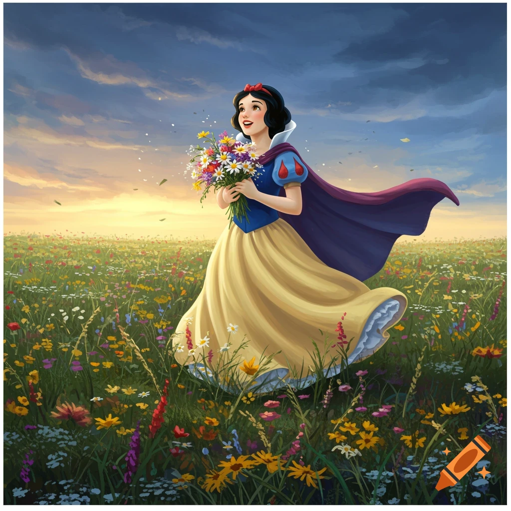 Illustration of Snow White holding a bouquet in a windy field at sunset.
