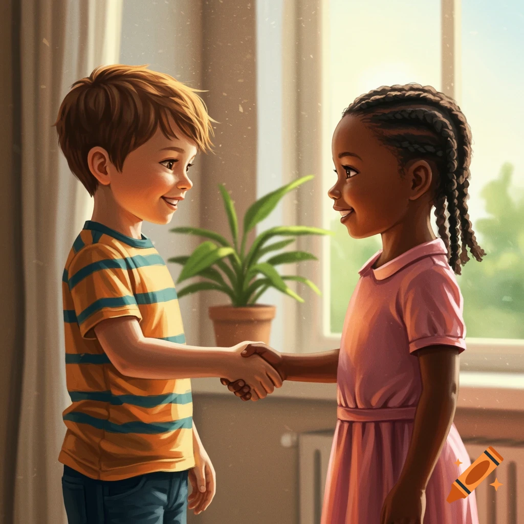 Illustration of two children shaking hands near a window.