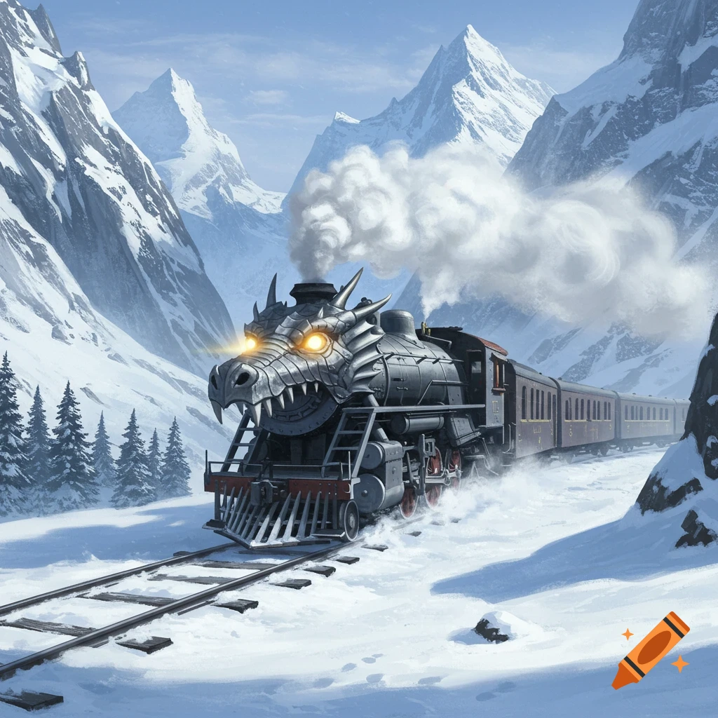 A fantasy train with a dragon's head engine travels through snowy mountains.