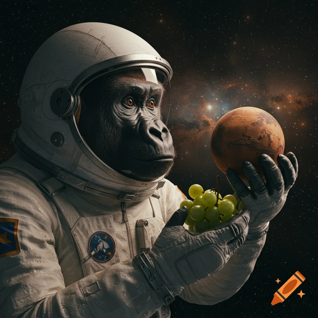 A gorilla in a spacesuit holds a miniature Mars and grapes in space.