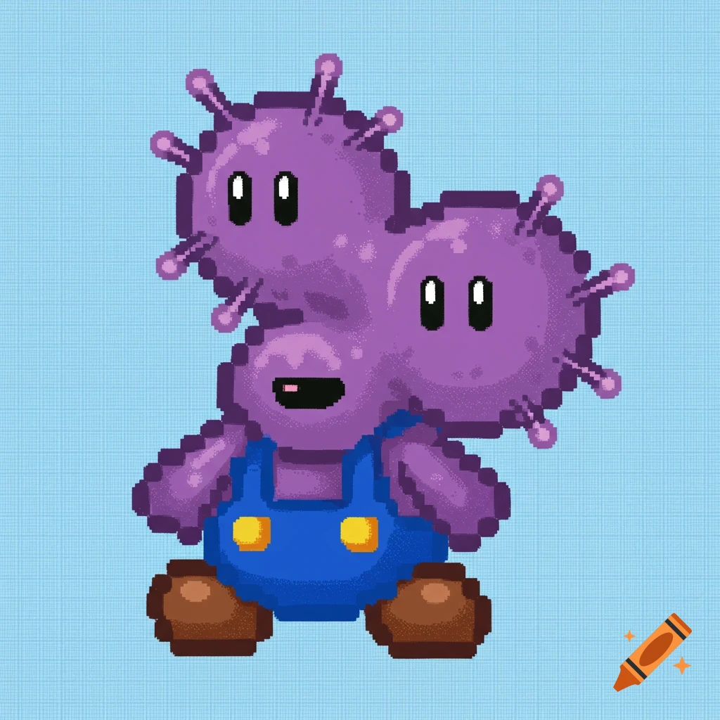 Pixel art character resembling purple bacteria in blue overalls against a blue background.