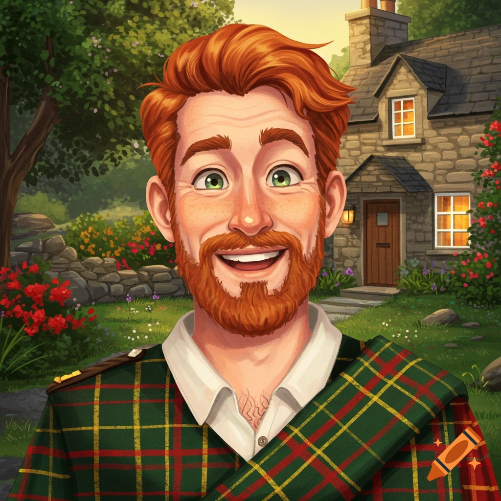 Smiling man with red hair and beard in tartan kilt in front of a cottage.