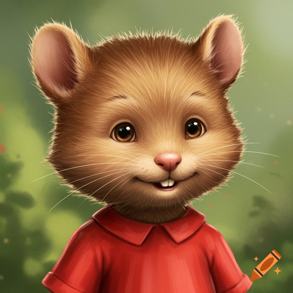 A close-up portrait of a cute cartoon mouse wearing a red shirt, smiling against a green background.