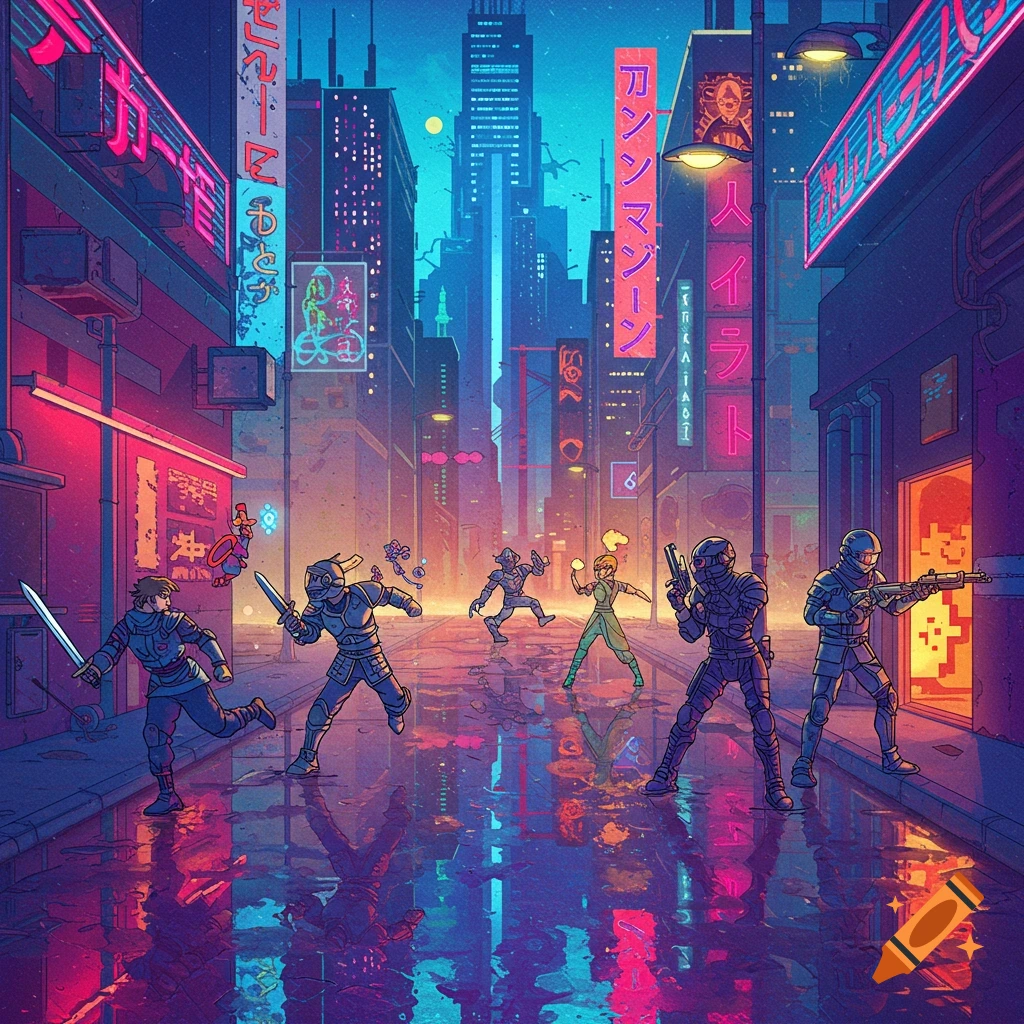 Cyberpunk street scene with anime-style characters battling under neon signs and rain.