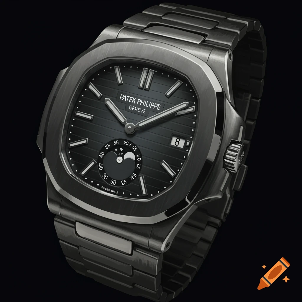 Close-up of a dark grey luxury watch with a textured dial, date window, and subdial.