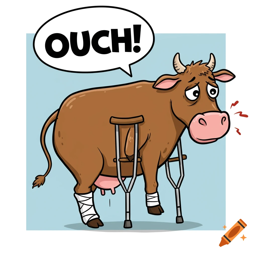 Cartoon cow using crutches with a speech bubble saying OUCH!