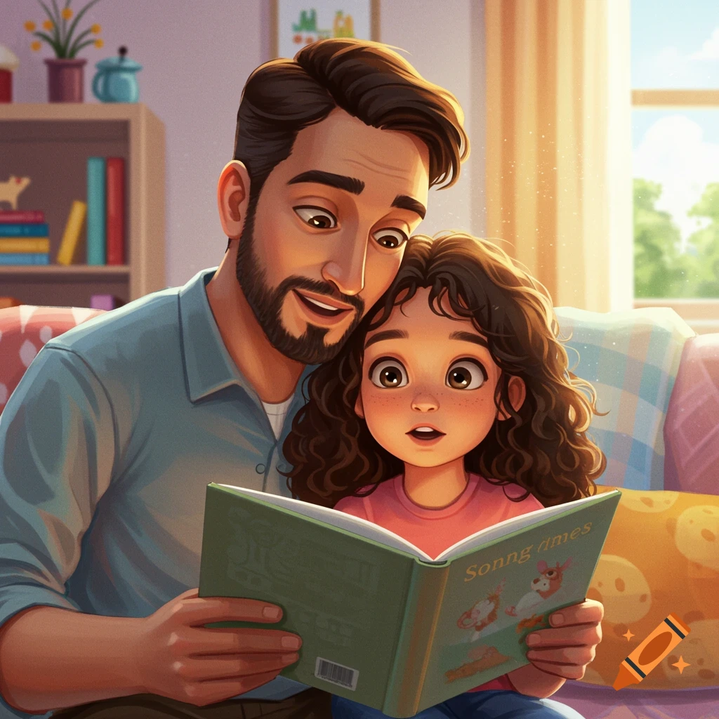 A father reads a book to his young daughter in a cozy living room, rendered in a bright illustration style.