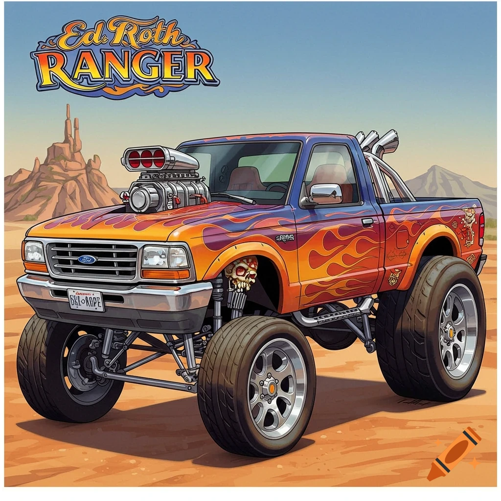 Cartoon illustration of a custom Ford Ranger monster truck with flames in a desert setting.