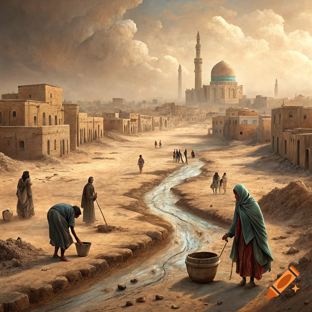 A wide view of a dry desert city with mud buildings, a dry riverbed, people walking and collecting water, and a large mosque in the distance.