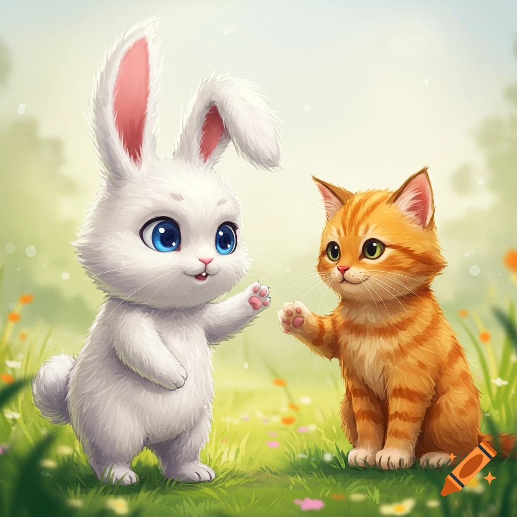 Cute white bunny waving to an orange tabby cat in a grassy field, illustration.