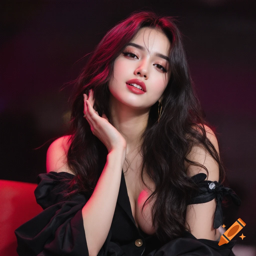 A woman poses in dramatic lighting, wearing a black off-the-shoulder top