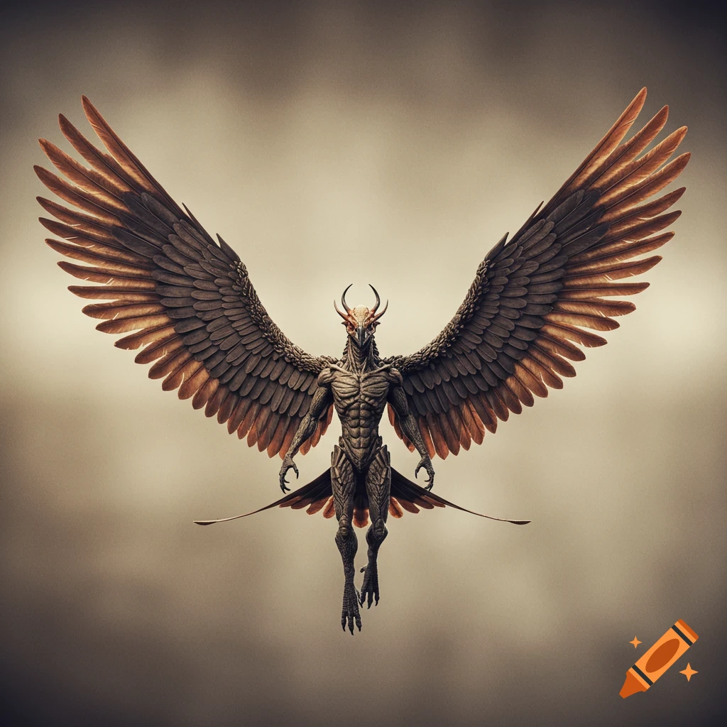 A winged humanoid creature with horns and large feathered wings floats in a cloudy sky.